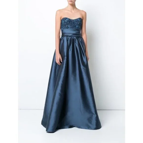 Marchesa Notte Strapless Navy Sequin Embellished Mikado Gown 6 - Picture 1 of 14